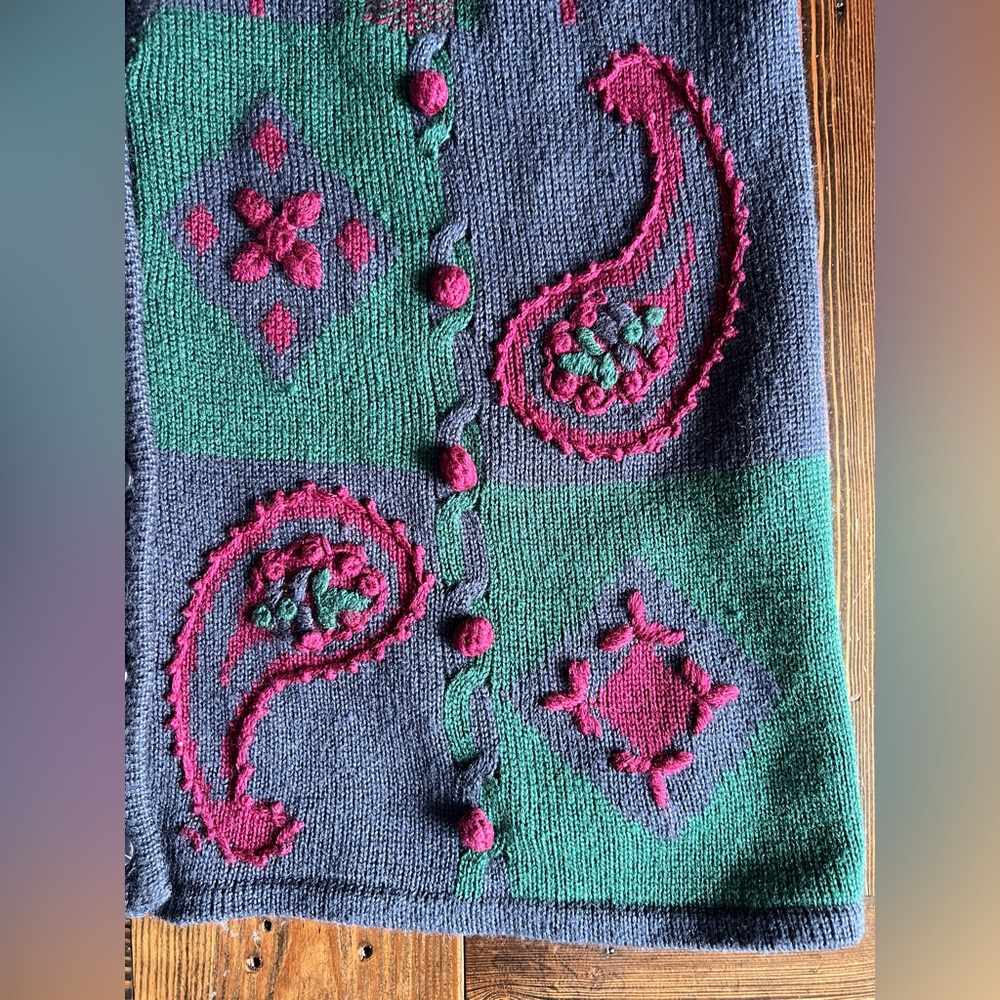 TAN JAY • vintage 90s tapestry knit sweater vest paisley grandmacore cottagecore - Picture 2 of 13
